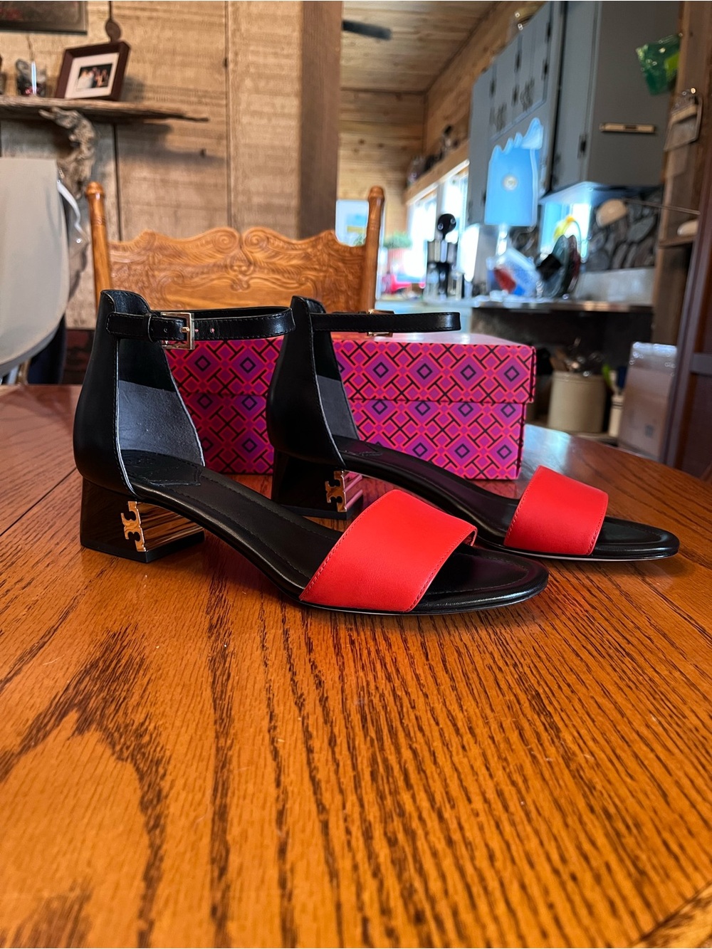 Tory Burch Samba Red and Black Ankle-Strap Block Heel Sandals